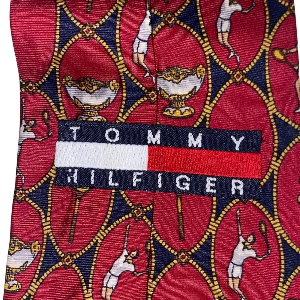 Tommy Hilfiger Mens Silk Tie Red Navy Blue Tennis Motif Sporting Preppy Classic
